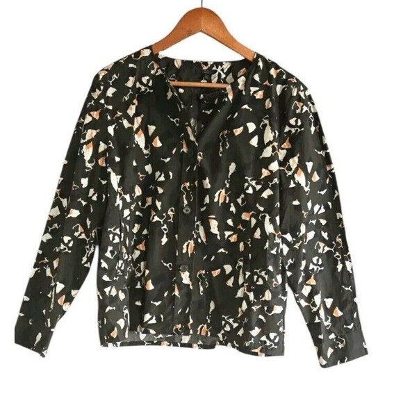 COS Button Up Cotton Shirt  Light Jacket Womens 12 Green Abstract Print Pockets - Picture 1 of 10